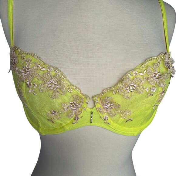 Victorias Secret 32D Yellow Floral Lace Push-Up Without Padding Bra Rhinestone - Picture 2 of 9